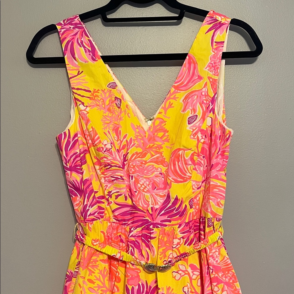 NWOT Lilly Pulitzer Bri V-Neck Cotton Midi Dress Calla Yellow Floral Coral 4 - Picture 4 of 7
